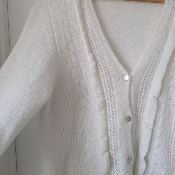 White Mohair V-neck Cardigen with Ruffle Crochet Detail on Front Size Large - Picture 5 of 12